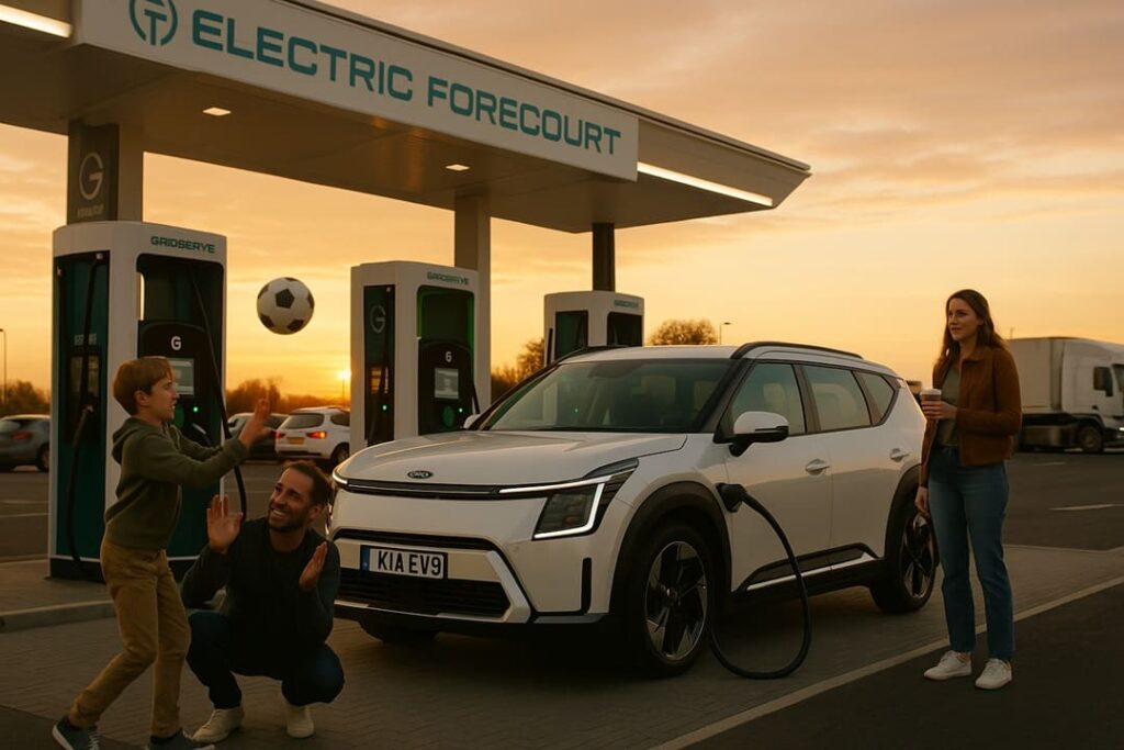 Family on a trip charging on the road